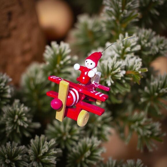 Vintage Handpainted Wooden Christmas Airplane Figurine Ornament - Picture 1 of 5